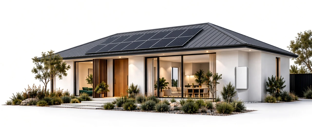 Illustration of an Australian home with rooftop solar panels and a wall-mounted battery